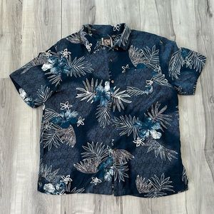 Hawaiian Camp Shirt Size L Mens Navy‎ Blue White Short Sleeve Tropical Resort